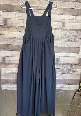 Halara Waffle Knit Overalls Jumpsuit Blue Wide Leg Pleated Large NEW